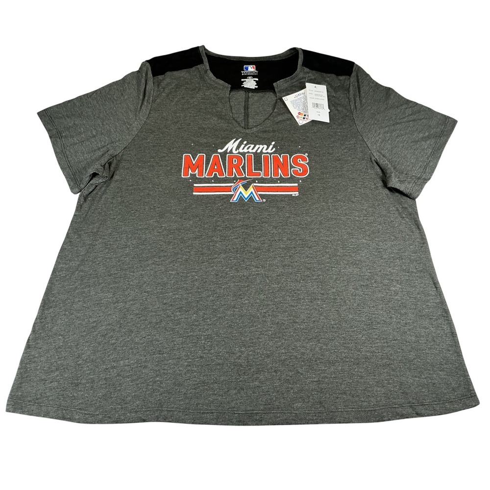 Miami Marlins Women's 1X Gray Notch‎ V-Neck Tee MLB NWT Charcoal Heather